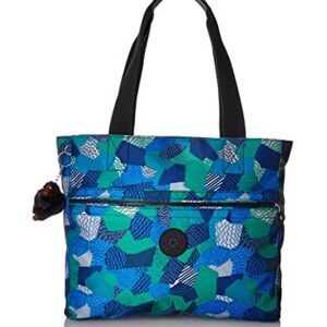 Kipling Blue and Green Tote Bag with Abstract Pattern and Zippered Closure